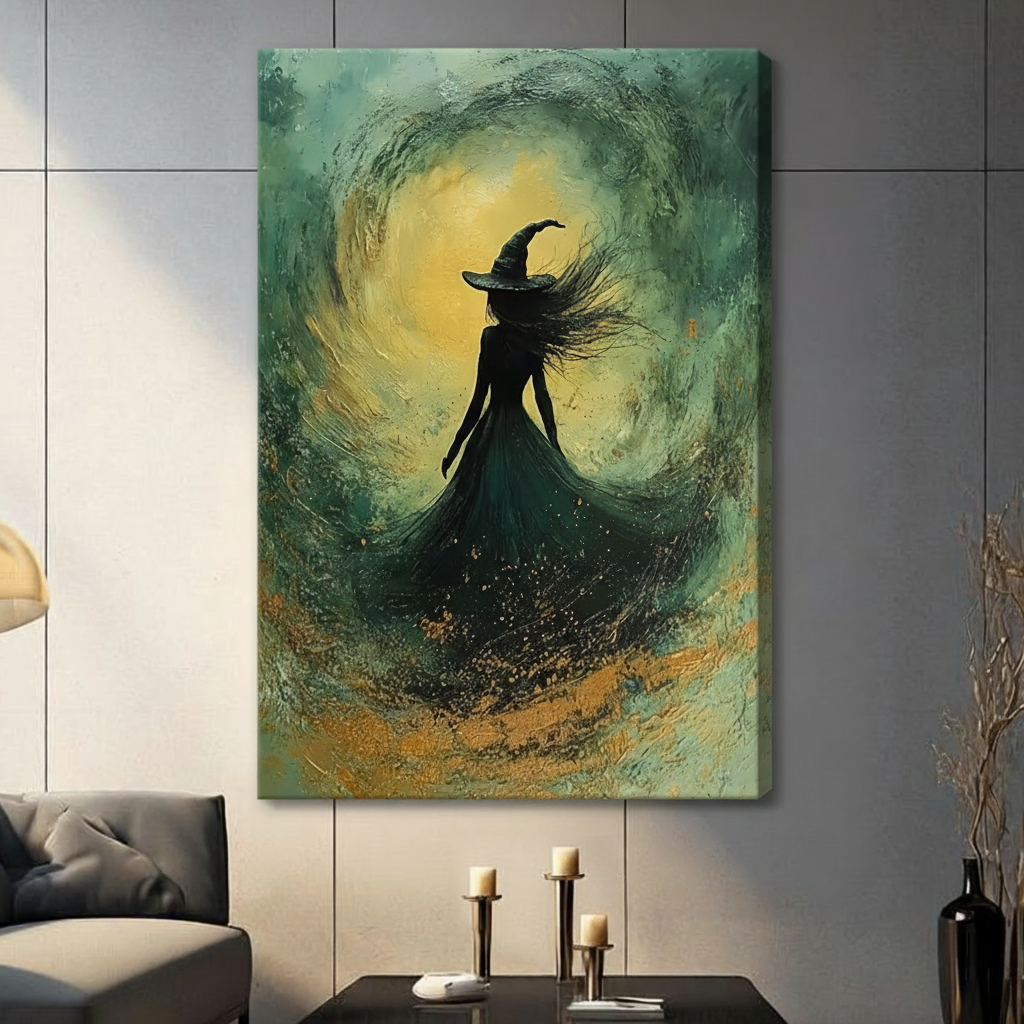 Mystical witch hat silhouette gallery wrap canvas art, emerald green and golden oil painting, displayed in a dark gray living room with candlestick decor