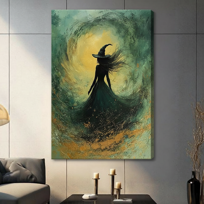 Mystical witch hat silhouette gallery wrap canvas art, emerald green and golden oil painting, displayed in a dark gray living room with candlestick decor