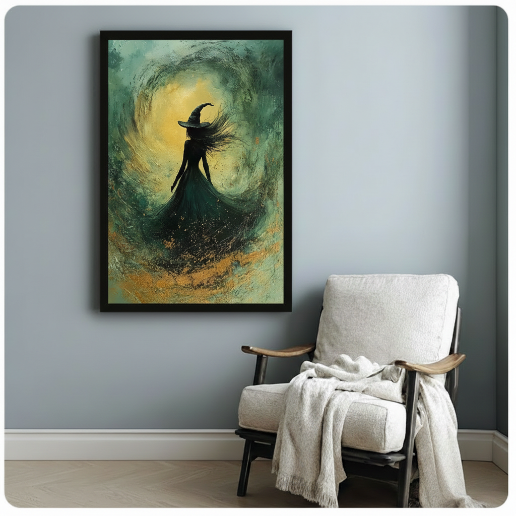 Dark academia witch silhouette framed canvas print in black frame, swirling teal moonlight oil painting, hung on a light gray wall above a white linen armchair with a draped throw