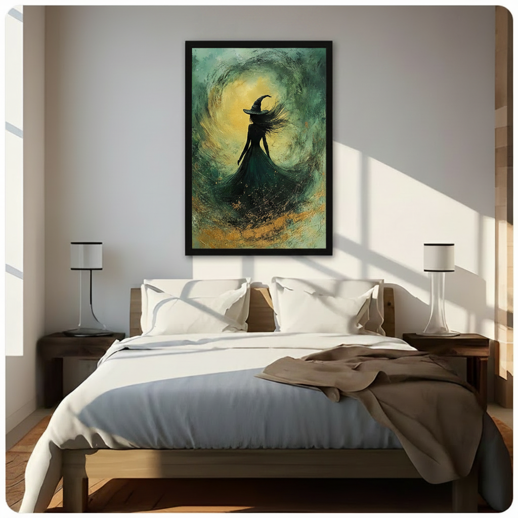 Mystical witch silhouette framed wall art above a bed with white linen bedding, wooden nightstands, and modern table lamps, moody teal gold oil painting gothic bedroom decor