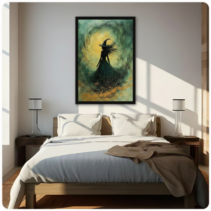 Mystical witch silhouette framed wall art above a bed with white linen bedding, wooden nightstands, and modern table lamps, moody teal gold oil painting gothic bedroom decor