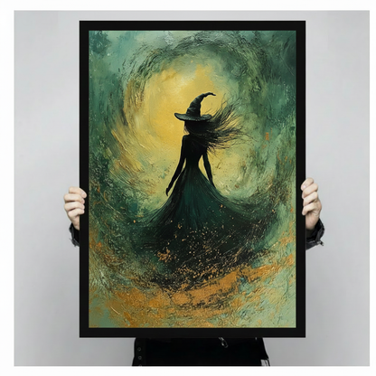 Gothic witch silhouette oil painting in black frame held up against a light gray backdrop, dark green and gold Halloween canvas wall art print