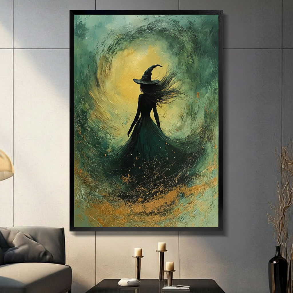 Gothic witch silhouette oil painting in a black frame, dark teal and gold swirl canvas wall art, displayed in a moody living room with candlestick holders on a dark console table