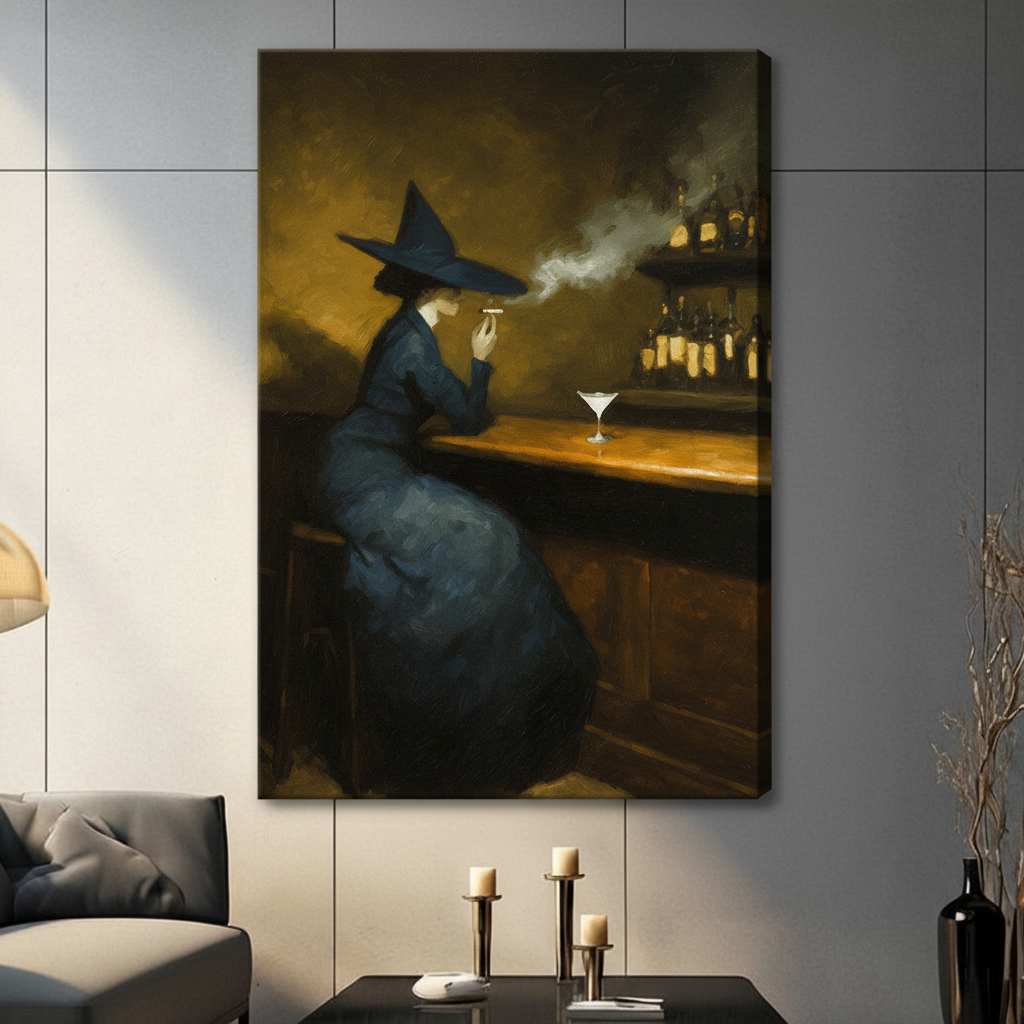 Gallery wrap canvas of witch smoking at dimly lit bar with martini — dark vintage fantasy oil painting for living room wall decor