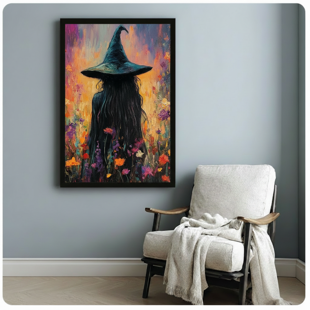 Witch wall art with colorful flowers displayed on a blue-gray wall beside a white accent chair and throw blanket.
