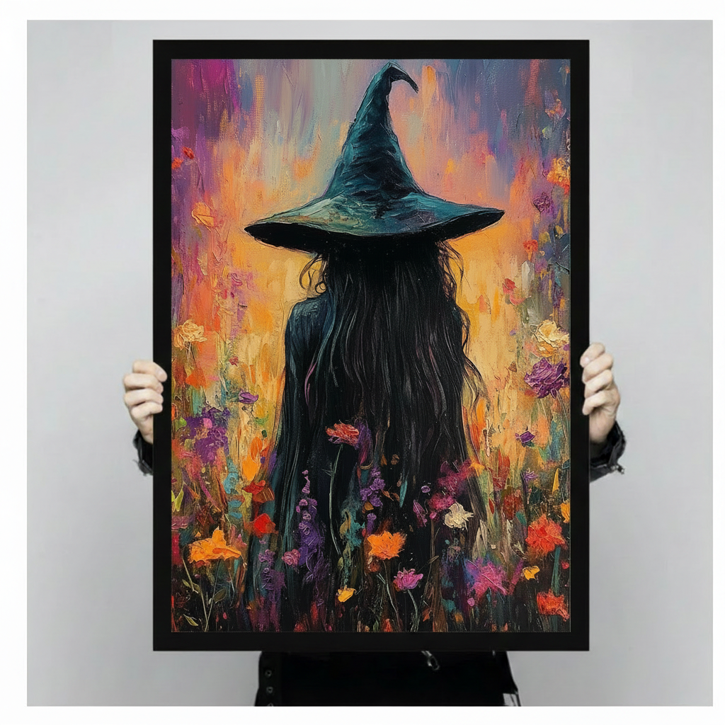 Colorful witch wall art held by both hands, showing a black-hatted figure surrounded by vibrant flowers.
