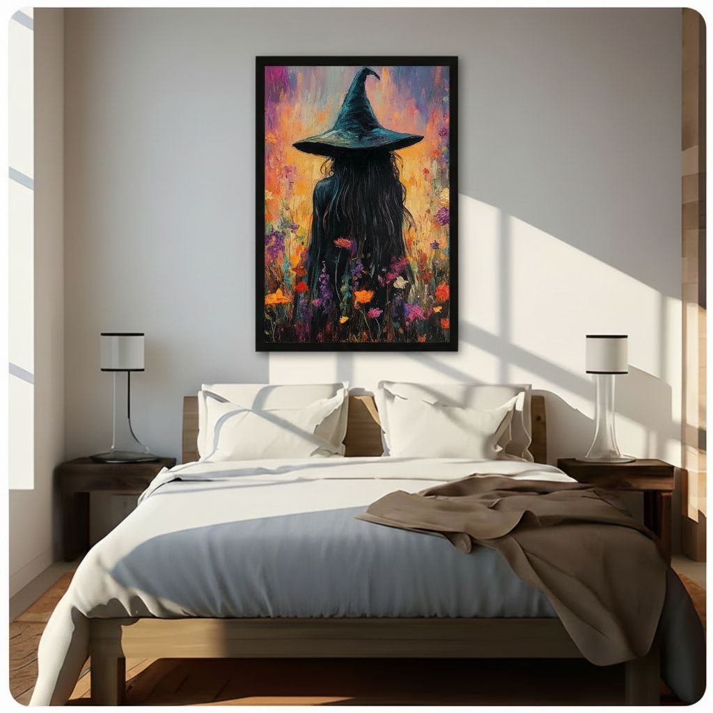 Colorful witch canvas wall art displayed above a bed in a bright modern bedroom with bedside lamps.