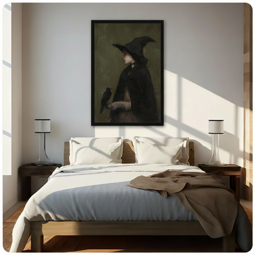 Dark gothic witch with raven framed canvas wall art above bed in bright sunlit bedroom with wooden furniture