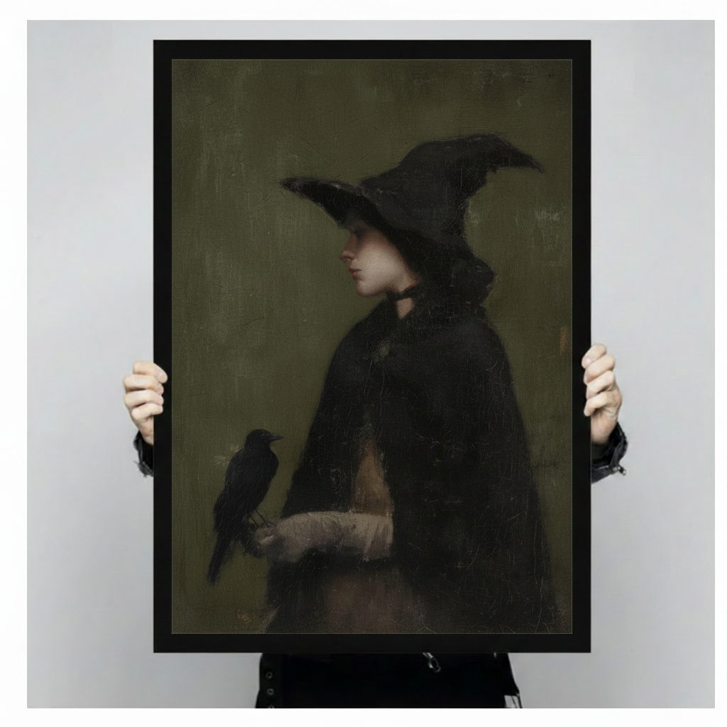 Hands holding framed gothic witch and raven dark oil painting canvas art print