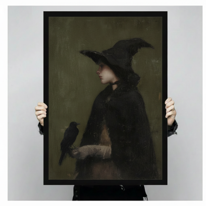Hands holding framed gothic witch and raven dark oil painting canvas art print