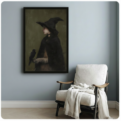 Gothic witch with black raven canvas print on light blue wall beside linen armchair in minimalist room