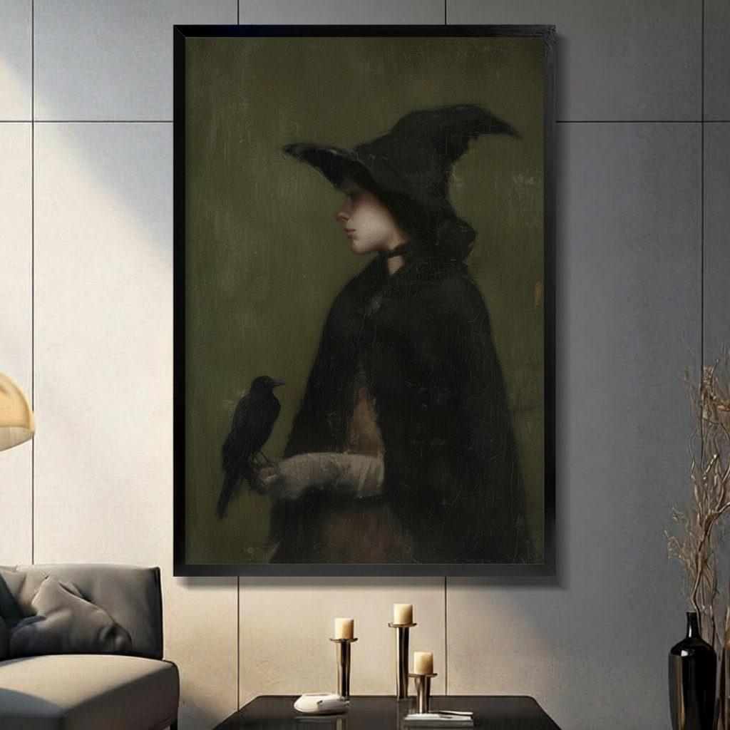Framed dark gothic witch with raven oil painting canvas art displayed in moody living room with candlesticks