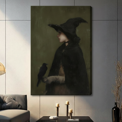 Stretched canvas gothic witch holding raven wall art in dark atmospheric living room interior