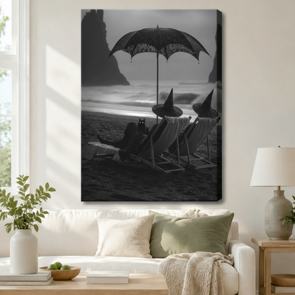 Gallery wrap canvas of two witches in pointed hats lounging under a lace umbrella on a moody beach with glowing-eyed black cat, hung above a white sofa in a bright living room