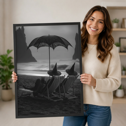 Woman holding a large framed gothic black and white print of witches relaxing on a dark beach under a decorative umbrella with a black cat familiar
