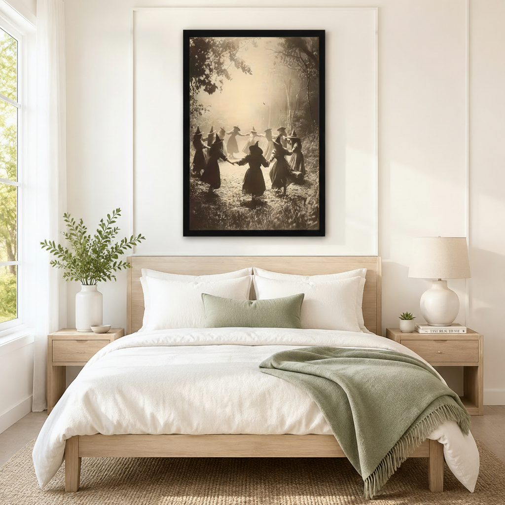 Black-framed witches dancing in misty forest sepia art print above a neutral minimalist bedroom bed – vintage Halloween gothic wall art