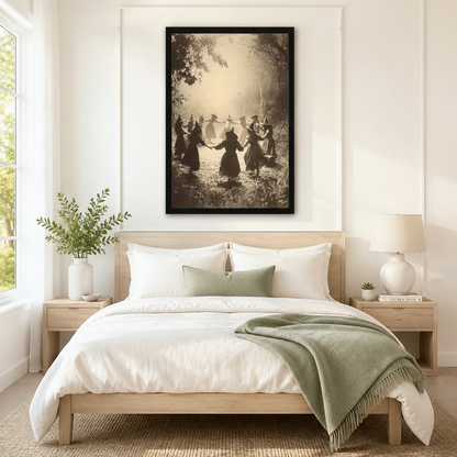 Black-framed witches dancing in misty forest sepia art print above a neutral minimalist bedroom bed – vintage Halloween gothic wall art