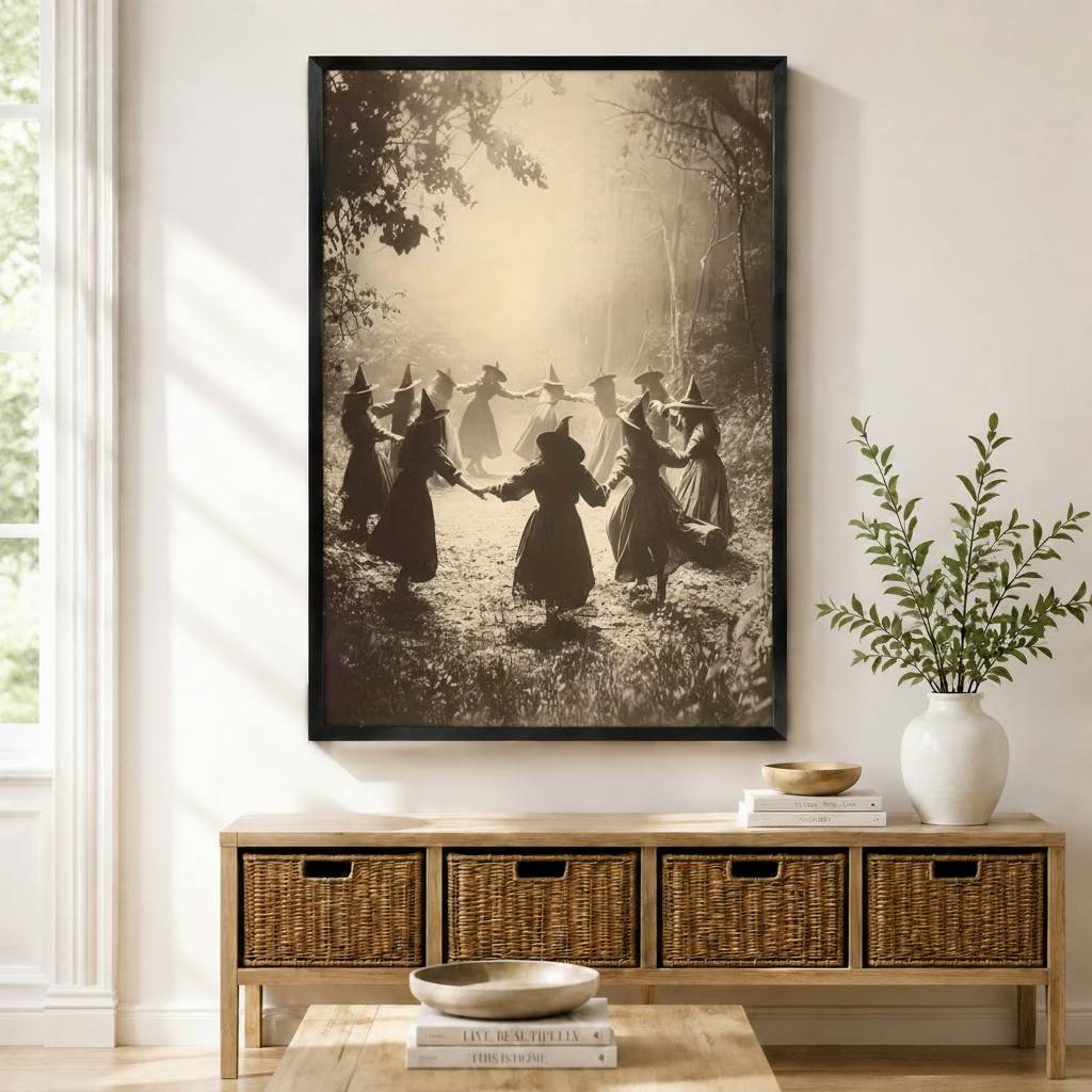 Black-framed vintage sepia witches dancing in forest circle wall art displayed above a wicker storage console – gothic Halloween wall decor