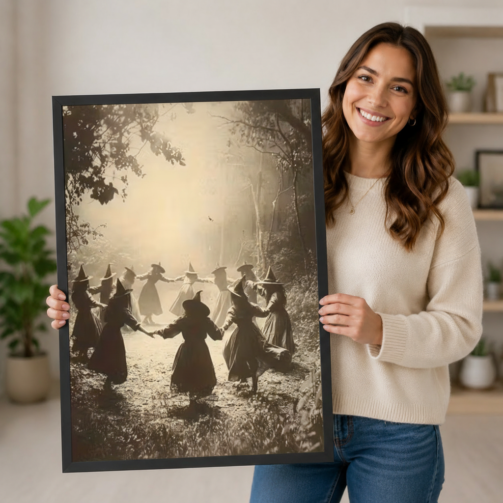 Woman holding a large black-framed vintage sepia witches circle dance wall art print – Halloween gothic forest poster home decor