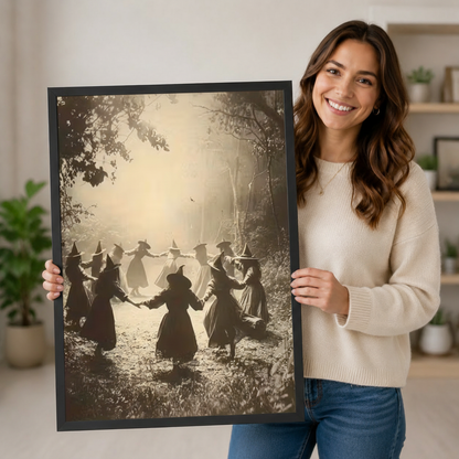 Woman holding a large black-framed vintage sepia witches circle dance wall art print – Halloween gothic forest poster home decor