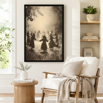 Framed sepia-tone witches forest ritual dance poster art beside a linen armchair in a Scandinavian reading nook – gothic vintage wall decor