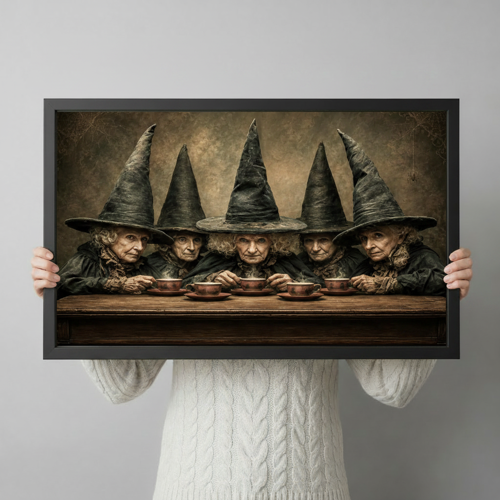 Person holding a framed witch tea party art print, gothic Halloween wall decor with five witches in tall black hats