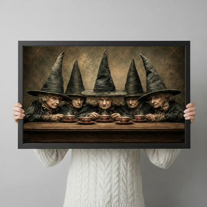 Person holding a framed witch tea party art print, gothic Halloween wall decor with five witches in tall black hats