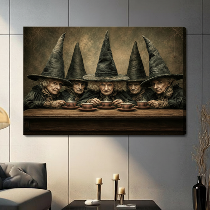 Gallery wrap canvas of five old witches gathered around a table with steaming cups, moody dark art print for home decor