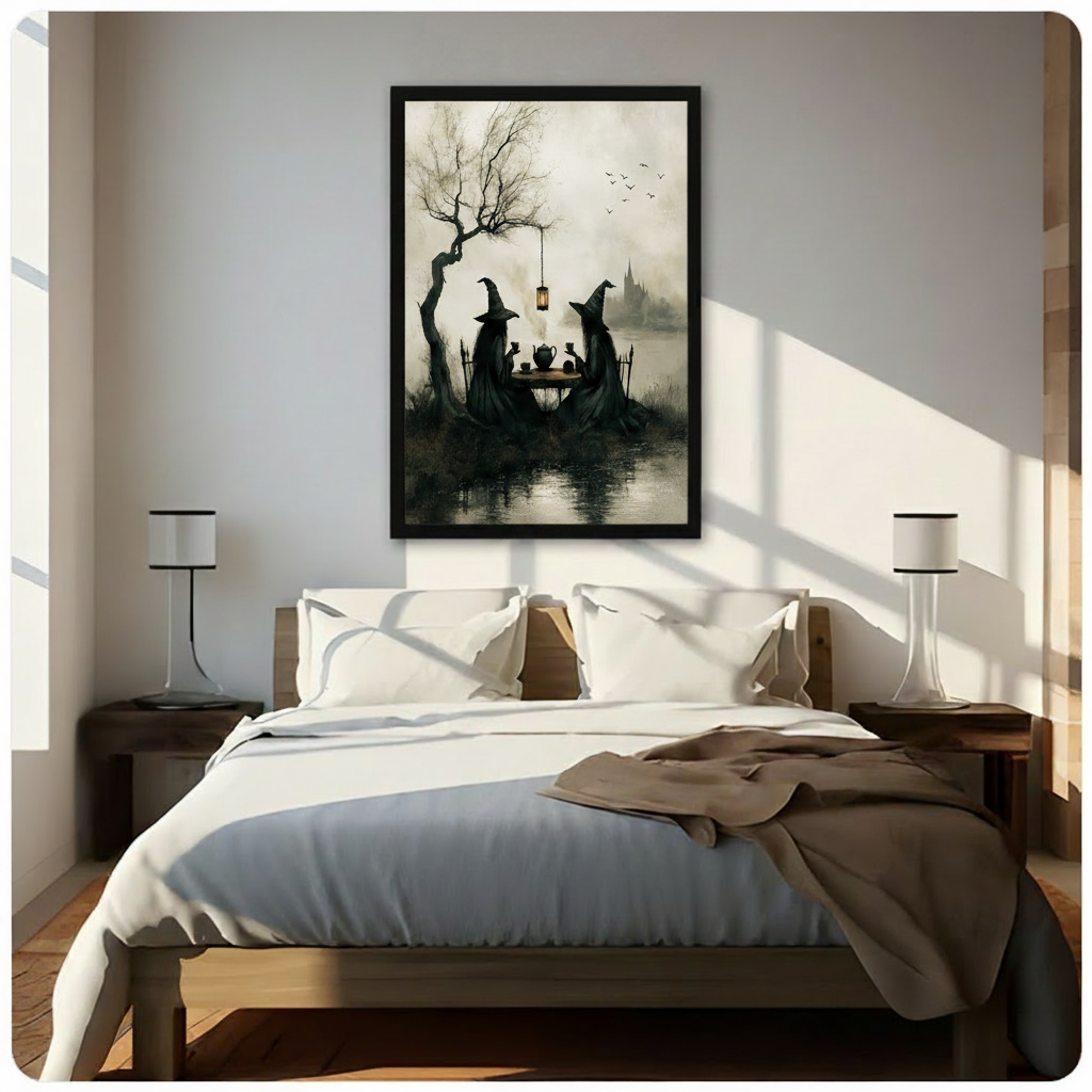 Moody gothic witches tea party dark fantasy poster in black frame mounted above bed in bright minimalist bedroom with warm morning sunlight and white linen bedding