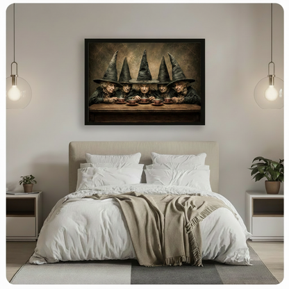 Framed gothic witch wall art hung above bed in modern bedroom, dark Halloween decor featuring five witches drinking tea