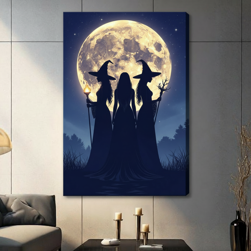  Dark silhouettes of three witches standing beneath a luminous full moon gothic night scene wall art stretched canvas light gray panel wall living room