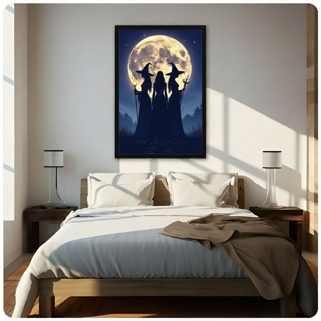 Dark silhouettes of three witches standing beneath a luminous full moon gothic night scene wall art framed print above bed sunlit bedroom