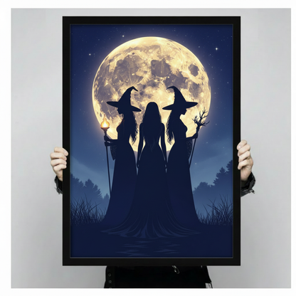 Dark silhouettes of three witches standing beneath a luminous full moon gothic night scene wall art framed print held up