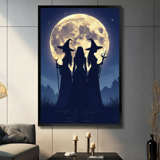 Dark silhouettes of three witches standing beneath a luminous full moon gothic night scene wall art framed print light gray panel wall living room