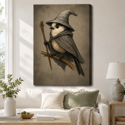 Enchanted titmouse wizard canvas wrap art hanging above white sofa in neutral Scandinavian living room