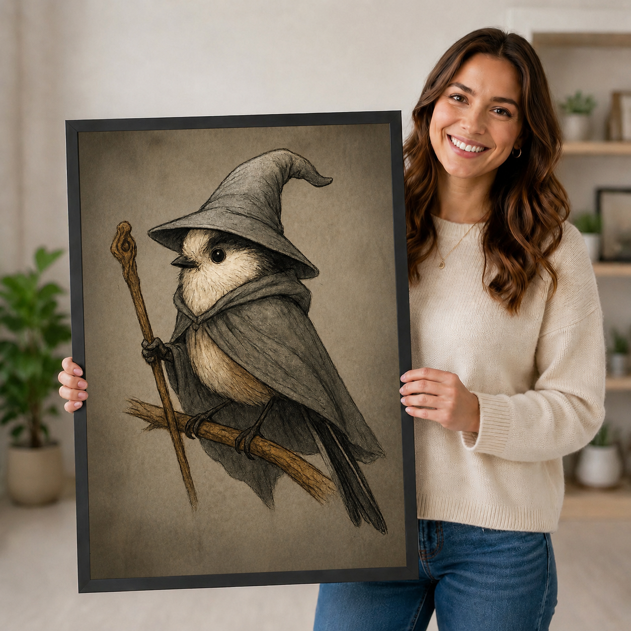 Woman holding large framed wizard bird print — gothic fantasy wall art for home decor