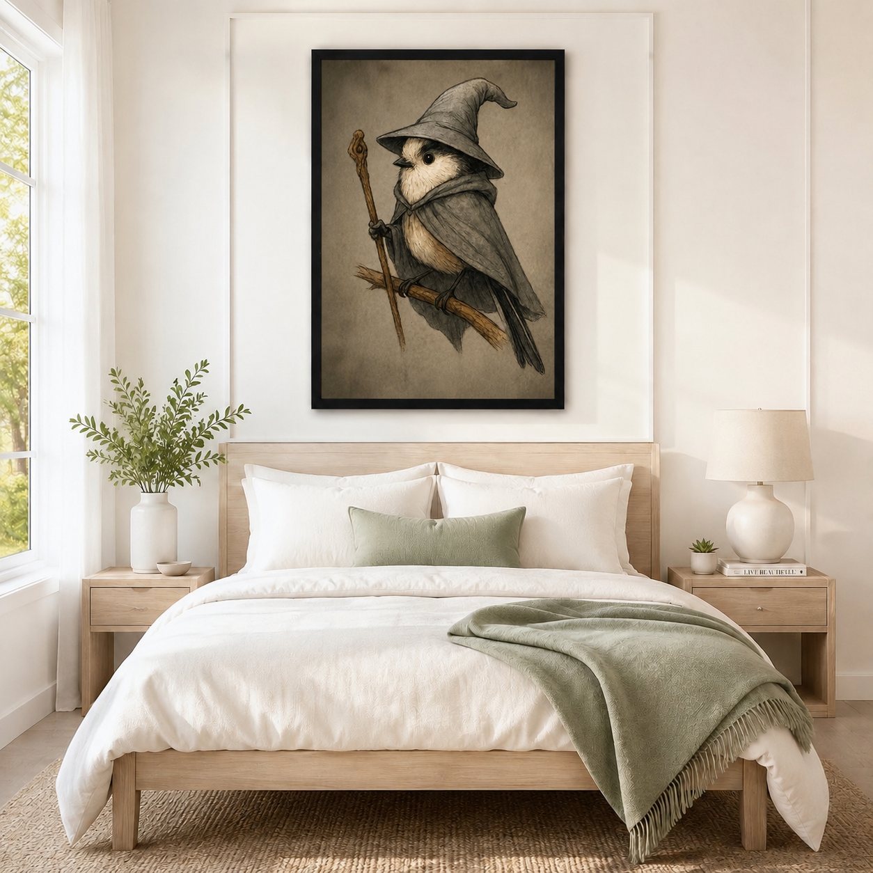 Dark fantasy wizard bird framed wall art above neutral linen bed in minimalist Scandinavian bedroom