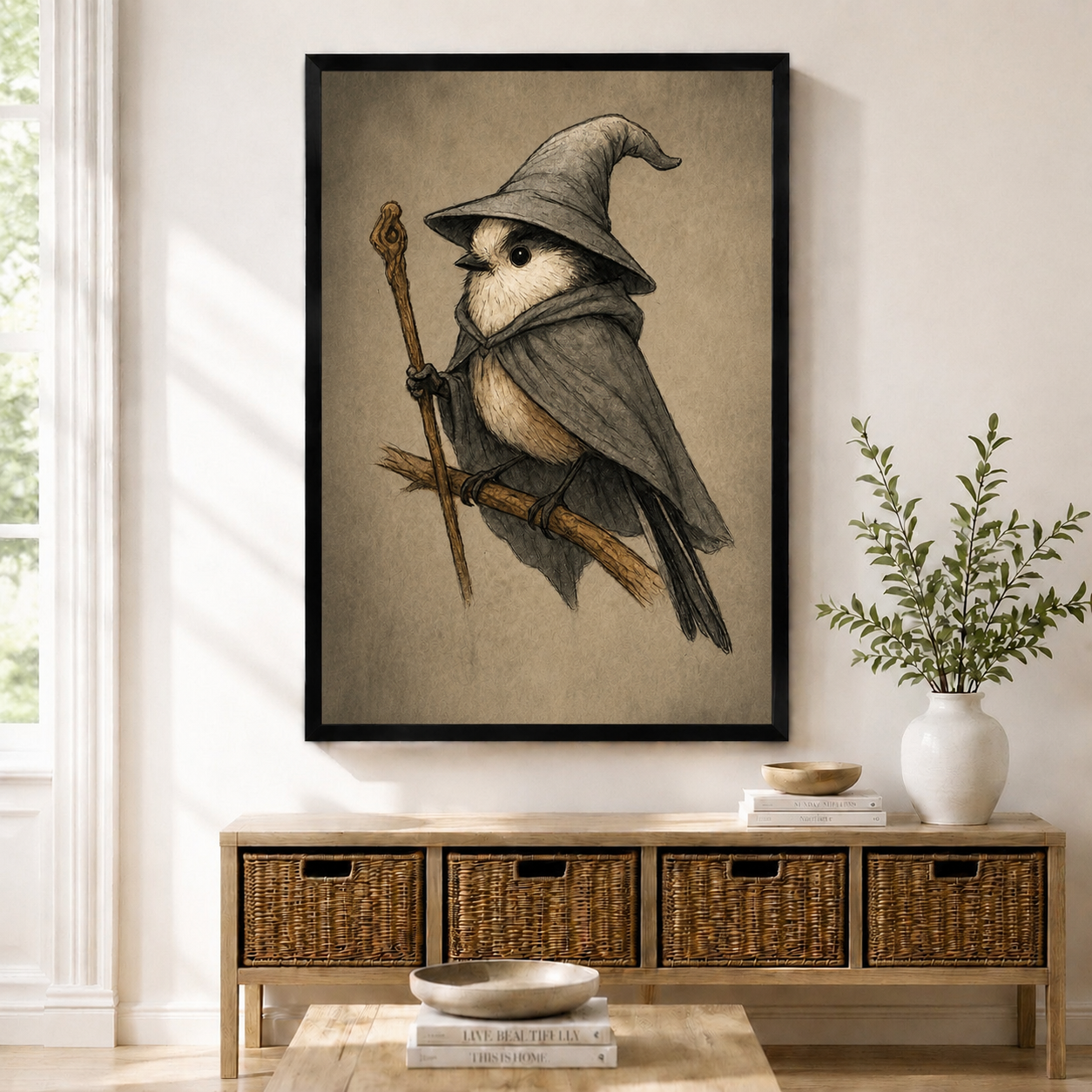 Whimsical wizard bird wall art in black frame displayed above entryway console with wicker baskets