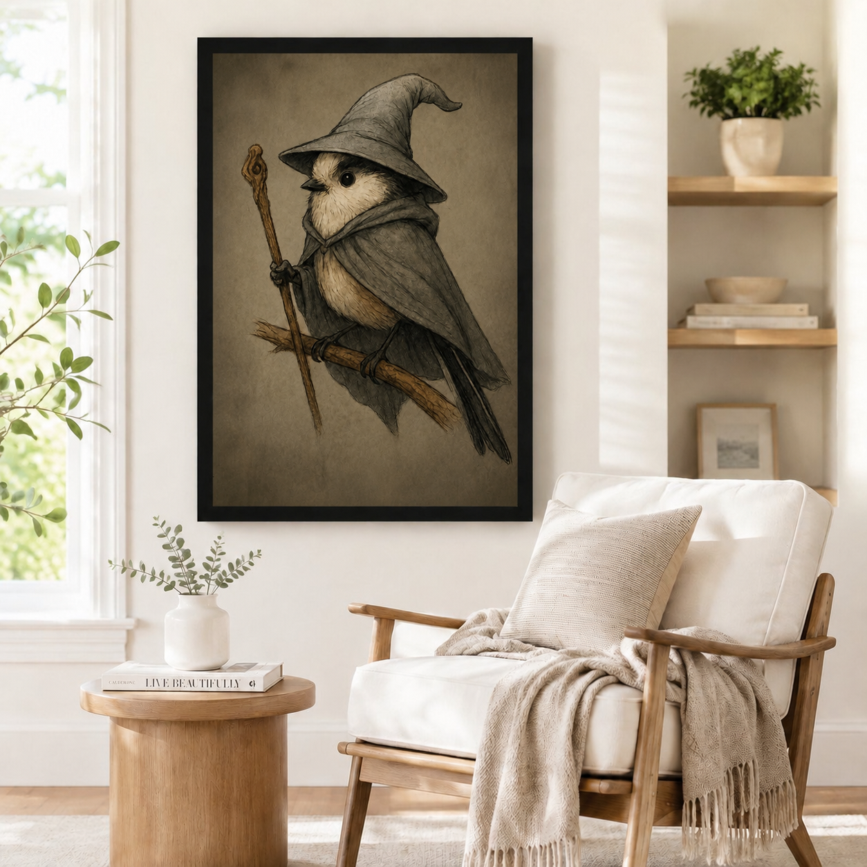  Woman holding large framed wizard bird print — gothic fantasy wall art for home decor
