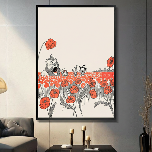 Wizard of Oz red flower field vintage storybook illustration canvas in black frame on dark grey panel wall – roaring lion scarecrow tin man Dorothy wildflower meadow art print for living room