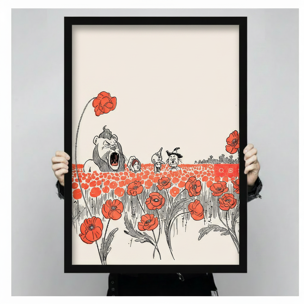 Hands holding framed Wizard of Oz red flower field vintage storybook illustration canvas – roaring lion scarecrow tin man Dorothy wildflower meadow wall art size reference display