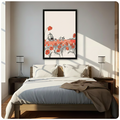 Framed Wizard of Oz red wildflower meadow vintage line art above wooden bed in sunlit modern bedroom – classic storybook illustration canvas wall art for bedroom decor