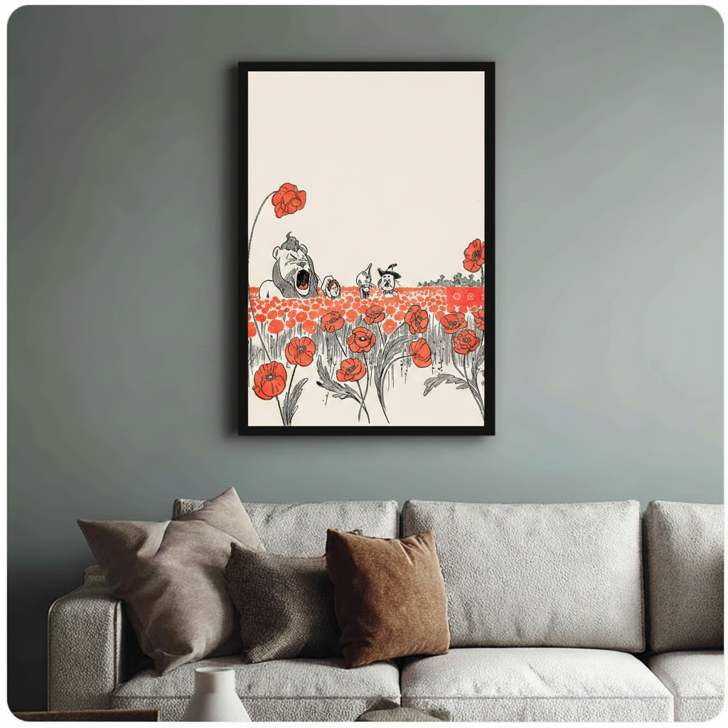 Framed Wizard of Oz red flower meadow vintage storybook illustration above cream sofa on sage grey wall – roaring lion retro canvas wall art for living room decor