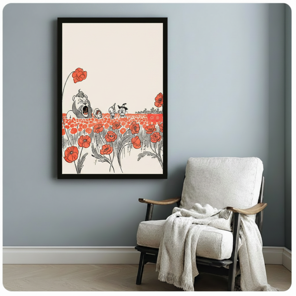 Wizard of Oz red wildflower field framed vintage illustration beside wooden armchair with white throw on pale blue wall – classic storybook canvas art for reading nook or study