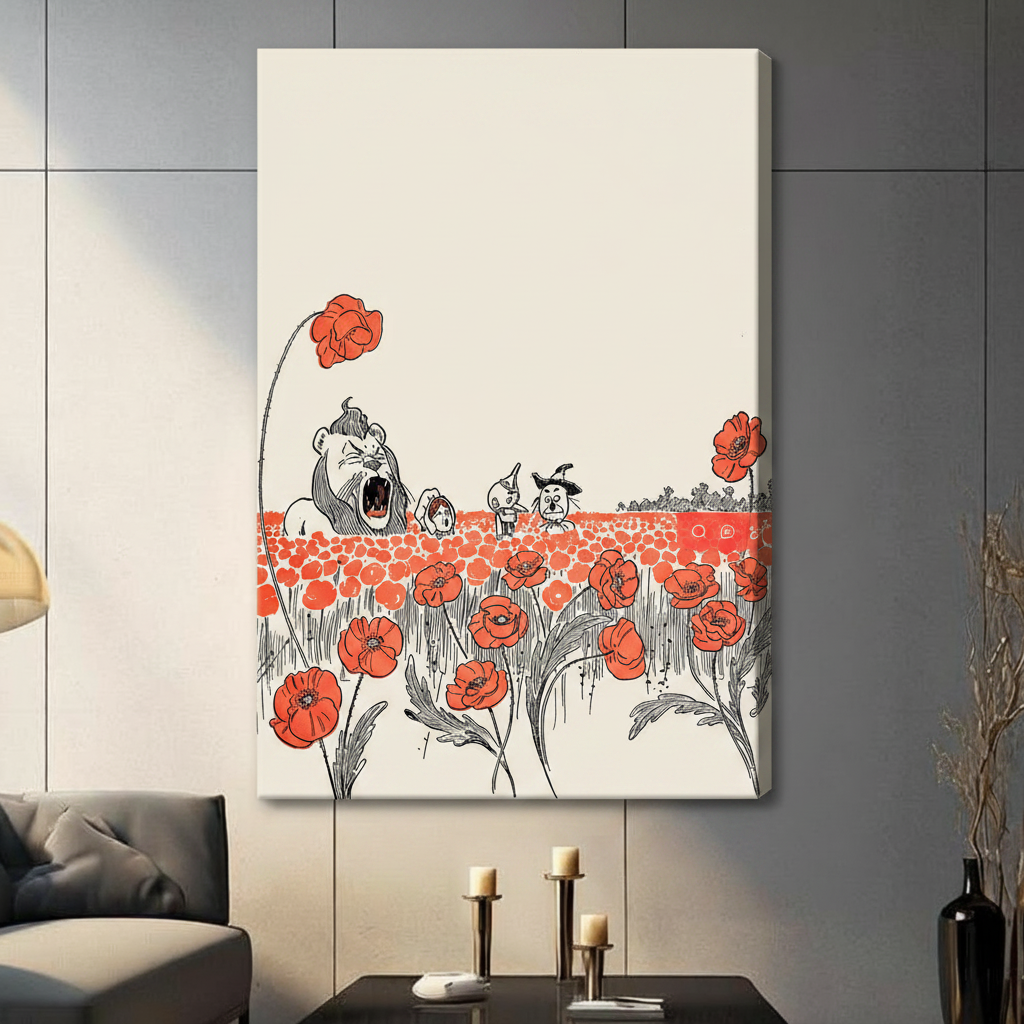 Frameless Wizard of Oz red wildflower meadow vintage line art canvas on dark grey panel wall – classic storybook illustration lion scarecrow tin man wall print for contemporary living room