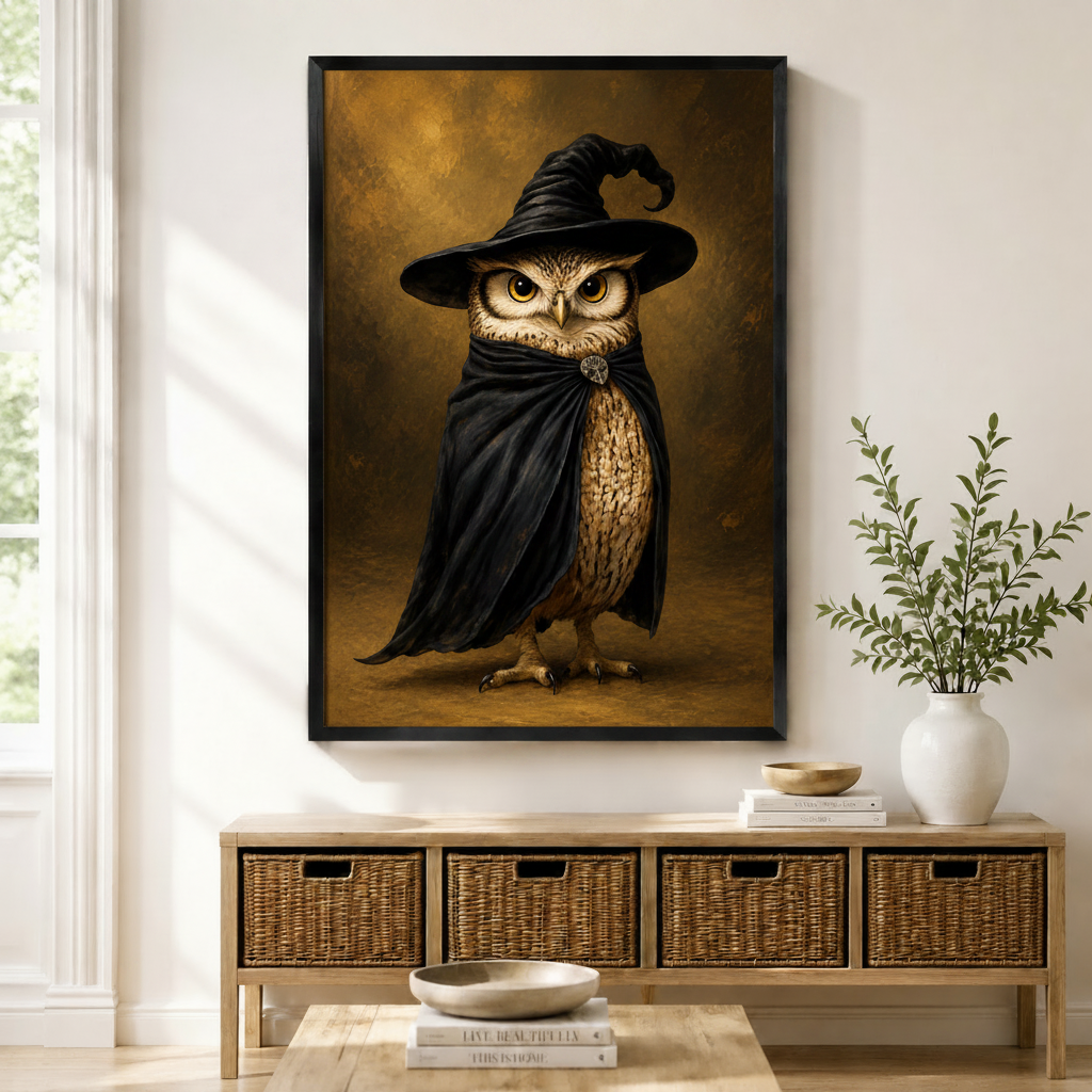 Framed wizard owl wall art print in black frame displayed above a rattan storage console in a bright entryway