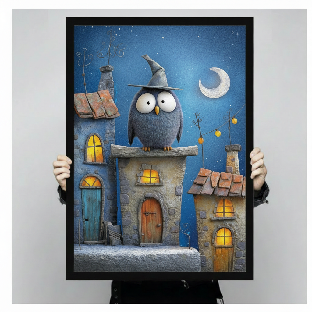 Framed wizard owl canvas print held up for size — chubby owl with witch hat perched on rooftop, blue starry night fantasy wall art