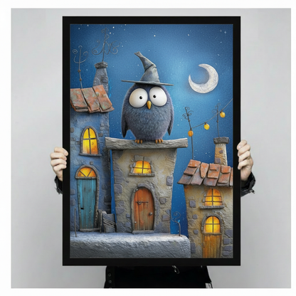 Framed wizard owl canvas print held up for size — chubby owl with witch hat perched on rooftop, blue starry night fantasy wall art