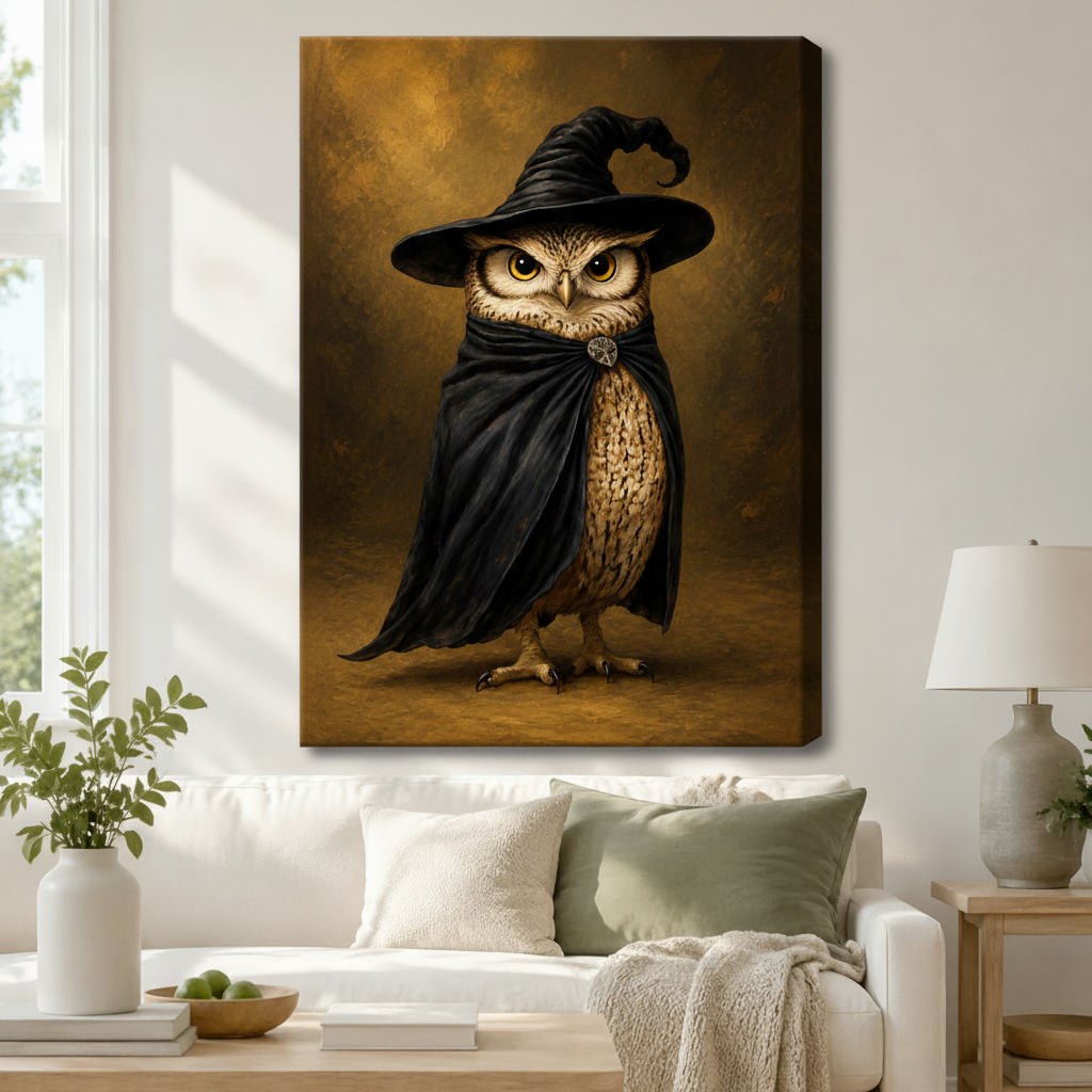 Stretched canvas wizard owl painting hung above a white sofa with sage green cushions in a Scandinavian living room