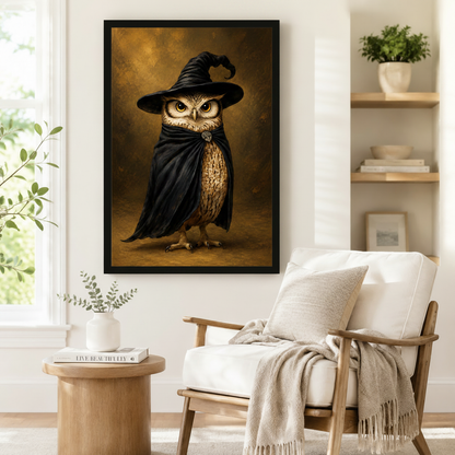 Black framed wizard owl art print on white wall beside a wooden armchair and round side table in a cozy reading corner